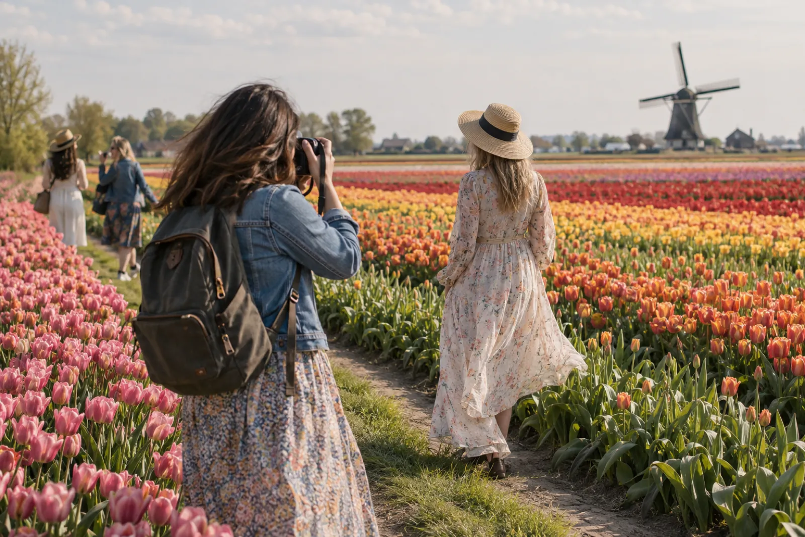 Фотопрактика серед тюльпанових полів: жінка фотографує подругу
